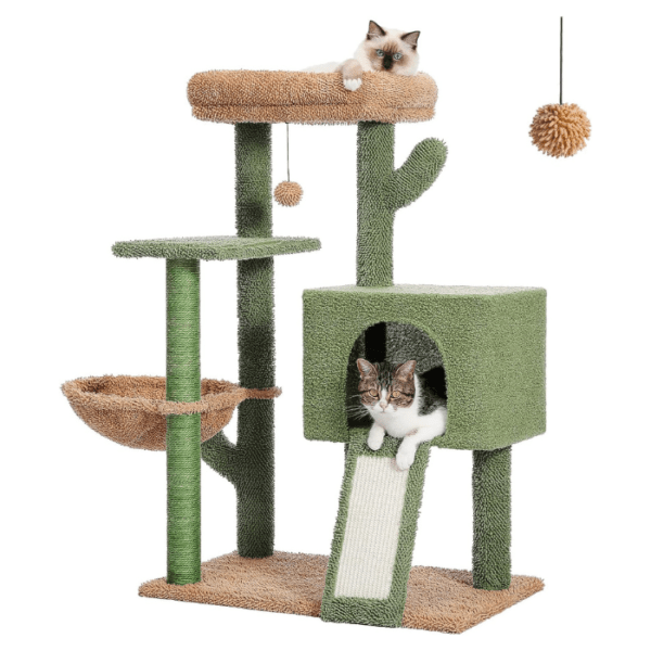 PAWZ Road 41 Inches Cactus Cat Tower with Sisal Covered Scratching Post and Cozy Condo for Indoor Cats, Cat Climbing Stand with Plush Perch &Soft Hammock for Multi-Level Cat Play House