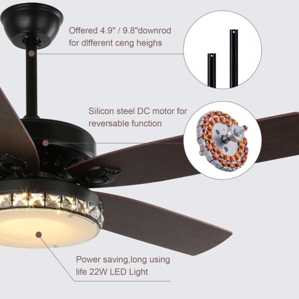 Elegant NEWHCTE Vintage Ceiling Fan with Light: Diamond Crystal lampshade, 3-color LED, remote control, reversible airflow & energy-saving!