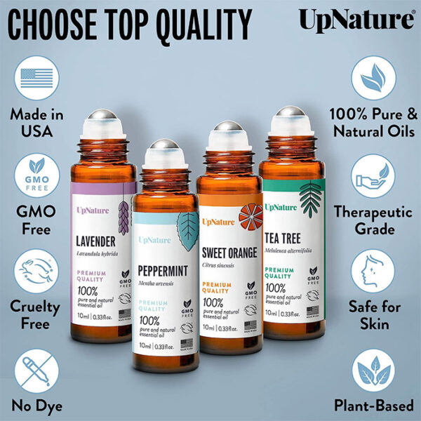 UpNature Top 4 Essential Oil Roll-On Gift Set: Lavender (relaxation), Peppermint (focus), Sweet Orange (mood boost), Tea Tree (skin). Easy roll-on application, 100% pure & gentle, perfect gift for all. Explore aromatherapy & natural wellness today! Made in USA.