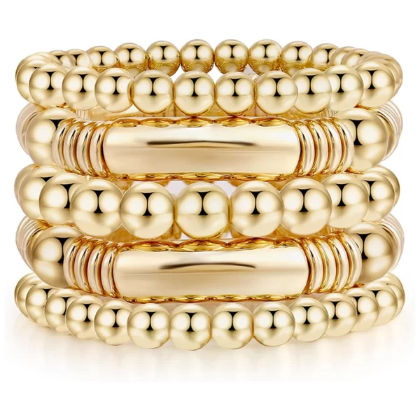 Gold Bangles Bracelet for Women Chunky Curved Stacking Plated Bead Ball Stretchable Bracelets