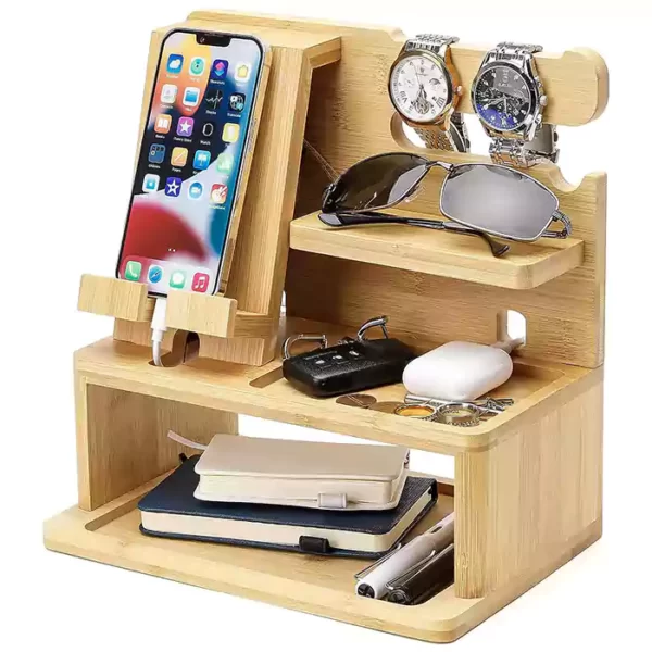 Homde Charging Station Bamboo Docking Station Nightstand Organizer Storage for Mobile Cell Phone