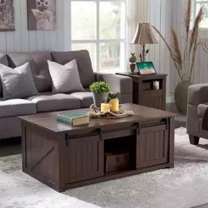 SinCiDo 48” Lift Top Coffee Table, Coffee Table with Storage & Sliding Groove Barn Door, Farmhouse Coffee Table Rustic Wood Cocktail Table w/Double Storage Spaces for Living Room, Dark Grey