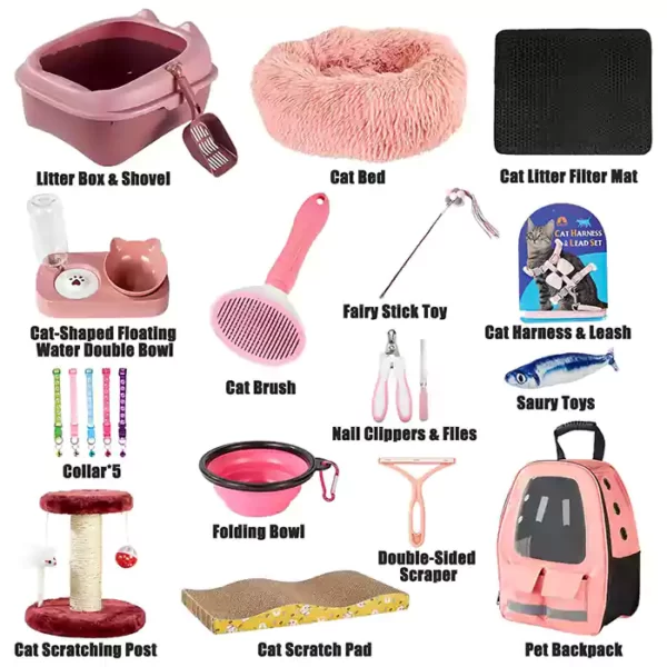 Tuykay Kitten Supplies Starter Kit, Cat Starter Kit for Indoor Cats, Cat Essentials and Cat Stuff Includes Cat Litter Box & Shovel, Pet Backpack, Pink Cat Bed and More, Perfect for Your New Cat