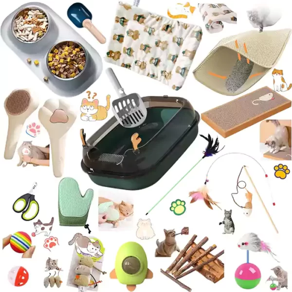 Cat Starter Kit for Indoor Cats, 19 Pieces Set of Kitten Essentials Starter Kit and Kitty Stuff. Includes Cat Litter Box, Toys, Bowls, Grooming Tools and More. Perfect Welcome Home Gift for Your New Kitty