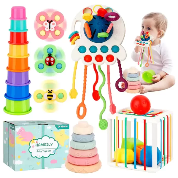 5 in 1 Montessori Toys for Babies 0-3-6-12-18 Months and Up: Infant Gifts Play Set Kids Sensory Learning Activity for Age 1 Year Old Boy Girl 4 7 8 9 Birthday Box Travel Bath Stacking Essentials Stuff