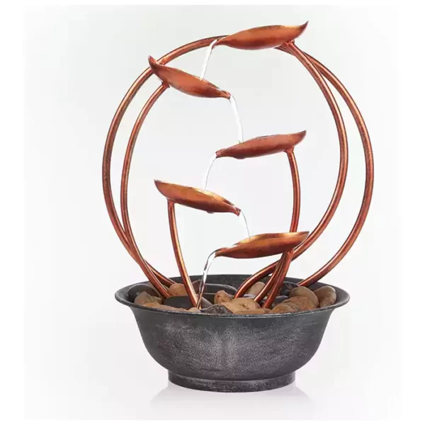 Alpine Corporation ZEN920 Indoor Tabletop Multi-Tiered Metal Leaf Water Fountain with Stone-Filled Base, 13", Copper