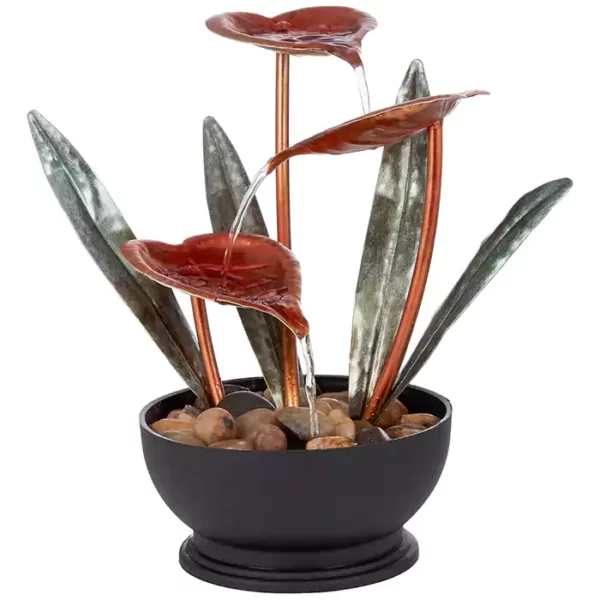 Alpine Corporation ZEN922 Indoor Tabletop Multi-Tiered Metal Tropical Leaf Water Fountain with Stone-Filled Base, 12″.