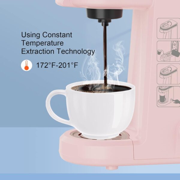 The CHULUX Single Serve Coffee Maker brews hot coffee in just 3 minutes, with K-Cup compatibility and a reusable filter for ground coffee. Compact, portable, and easy to clean, this coffee maker is perfect for apartments, offices, or travel. Enjoy fresh coffee your way, anytime, anywhere! Order yours today! One Button Operation with Auto Shut-Off for Coffee and Tea with 5 to 12 Ounce, Pink. Single cup coffee brewer. Fast brewing coffee maker.