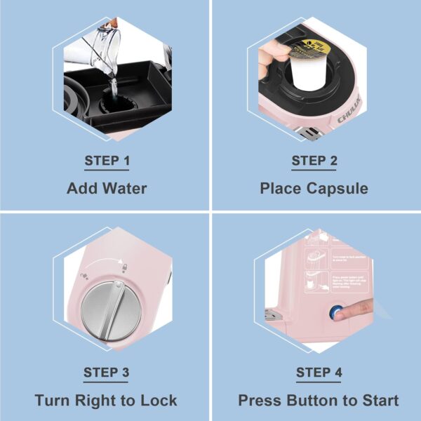 The CHULUX Single Serve Coffee Maker brews hot coffee in just 3 minutes, with K-Cup compatibility and a reusable filter for ground coffee. Compact, portable, and easy to clean, this coffee maker is perfect for apartments, offices, or travel. Enjoy fresh coffee your way, anytime, anywhere! Order yours today! One Button Operation with Auto Shut-Off for Coffee and Tea with 5 to 12 Ounce, Pink. Single cup coffee brewer. Fast brewing coffee maker.