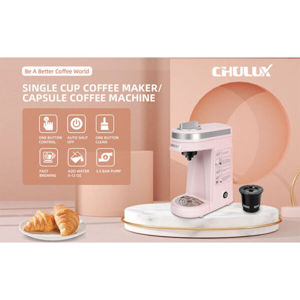 The CHULUX Single Serve Coffee Maker brews hot coffee in just 3 minutes, with K-Cup compatibility and a reusable filter for ground coffee. Compact, portable, and easy to clean, this coffee maker is perfect for apartments, offices, or travel. Enjoy fresh coffee your way, anytime, anywhere! Order yours today! One Button Operation with Auto Shut-Off for Coffee and Tea with 5 to 12 Ounce, Pink. Single cup coffee brewer. Fast brewing coffee maker.