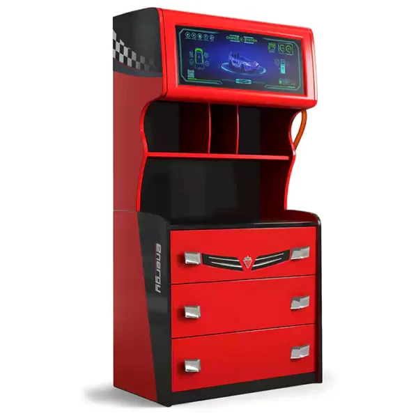 Cilek 3 Chest with Cabinet EV Car Charger Design, Extra Shelves, Soft-Close Drawers, Red