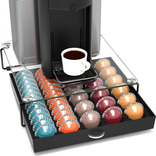 Organize your Nespresso VertuoLine capsules in style with the DecoBrothers Crystal Tempered Glass Vertuo Pod Holder Drawer. This sleek organizer features a clear top for easy viewing and holds up to 60 small or 30 large capsules. Add a touch of elegance to your kitchen countertop while keeping your coffee pods neatly stored and accessible.