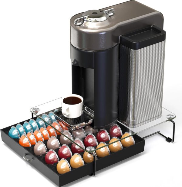 Organize your Nespresso VertuoLine capsules in style with the DecoBrothers Crystal Tempered Glass Vertuo Pod Holder Drawer. This sleek organizer features a clear top for easy viewing and holds up to 60 small or 30 large capsules. Add a touch of elegance to your kitchen countertop while keeping your coffee pods neatly stored and accessible.