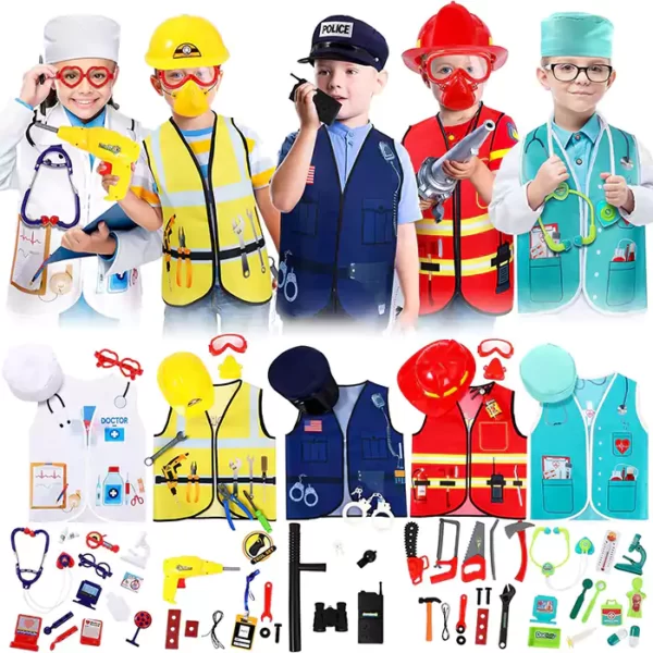 5 Sets Kids Dressing up Costumes, Toddler Dressing up and Pretend Play for Age 6, Construction Worker, Police, Firefighter, Doctor, Surgeon Vest for Boys Girls Pretend Role Accessories