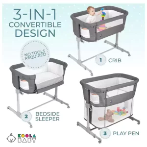 3 in 1 Baby Bassinet, Bedside Sleeper, & Playpen, Easy Folding Portable Crib (Grey)- KoolaBaby (Bassinet)