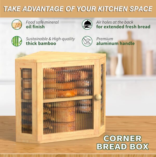 RYLTKISS Extra Large Corner Bread Box. Made from durable bamboo, it keeps bread fresh longer with its adjustable height shelves, and adds a chic, modern touch to your kitchen. Easy to assemble and maintain. RYLTKISS Corner Bread Box. Extra Large Bread Box for Bread Storage. Durable Bamboo Wood Bread Box for Kitchen Countertop. Double Bread Container with Adjustable Height. Modern Bread Box Easy To Assemble.