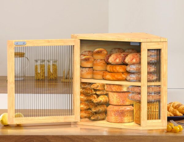 RYLTKISS Extra Large Corner Bread Box. Made from durable bamboo, it keeps bread fresh longer with its adjustable height shelves, and adds a chic, modern touch to your kitchen. Easy to assemble and maintain. RYLTKISS Corner Bread Box. Extra Large Bread Box for Bread Storage. Durable Bamboo Wood Bread Box for Kitchen Countertop. Double Bread Container with Adjustable Height. Modern Bread Box Easy To Assemble.