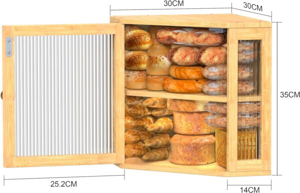 RYLTKISS Extra Large Corner Bread Box. Made from durable bamboo, it keeps bread fresh longer with its adjustable height shelves, and adds a chic, modern touch to your kitchen. Easy to assemble and maintain. RYLTKISS Corner Bread Box. Extra Large Bread Box for Bread Storage. Durable Bamboo Wood Bread Box for Kitchen Countertop. Double Bread Container with Adjustable Height. Modern Bread Box Easy To Assemble.