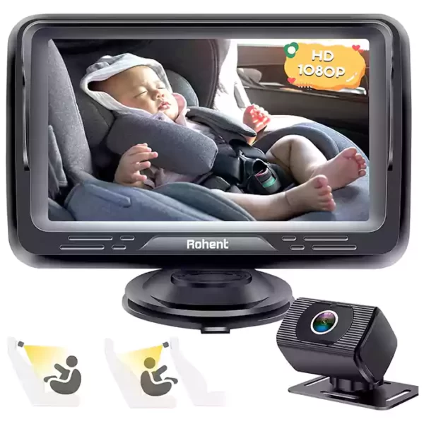 Baby Car Camera Ease Installation: Eye Protection Clear Night Vision 360° Rotation Stability Backseat Camera for 2 Kids HD 1080P Car Baby Monitor with Infant Carseat Camera Rear Facing -Rohent N06