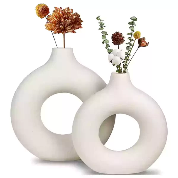 White Ceramic Vase, Modern Vase for Minimalist Decor, Hollow Round Matte Pampas Flower Vases for Boho Home Wedding Party Room Dinner Table Shelf Decor (2pcs)