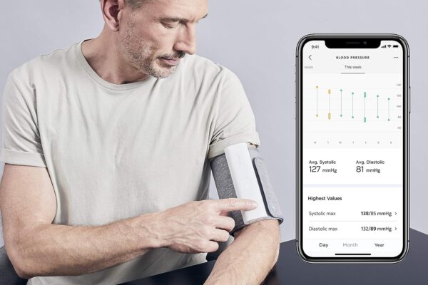 The Withings bpm Connect, a clinically accurate and FDA-cleared blood pressure monitor. This one-piece design features a comfortable cuff and an easy-to-read display with color-coded feedback. The Withings bpm Connect is FSA/HSA eligible and compatible with iOS & Android devices. Health monitor.