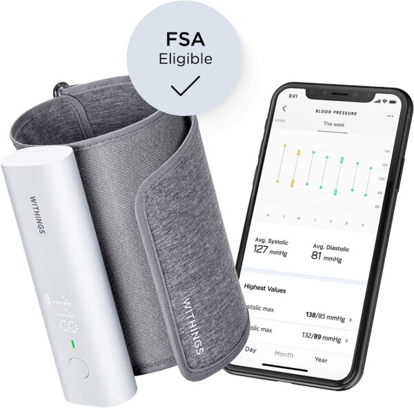 The Withings bpm Connect, a clinically accurate and FDA-cleared blood pressure monitor. This one-piece design features a comfortable cuff and an easy-to-read display with color-coded feedback. The Withings bpm Connect is FSA/HSA eligible and compatible with iOS & Android devices. Health monitor.