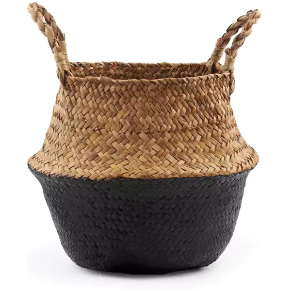 BlueMake Woven Seagrass Belly Basket for Storage, Laundry, Picnic, Plant Pot Cover, and Grocery and Toy Storage (Black, Large)