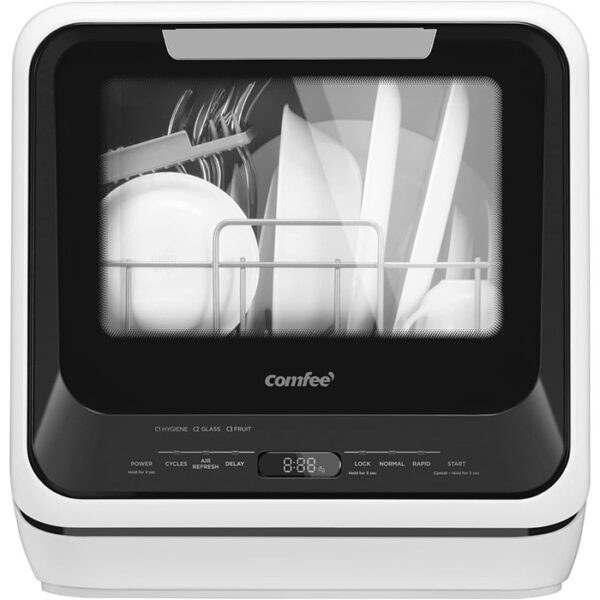 The COMFEE' Portable Mini Countertop Dishwasher is your savior! It offers a powerful clean in a compact size! No plumbing is needed, it boasts 6 wash cycles, a high-temp hygiene wash, and a user-friendly design. Save space, save water, and save time on dishes - order your COMFEE' mini dishwasher today! Eco-Friendly.