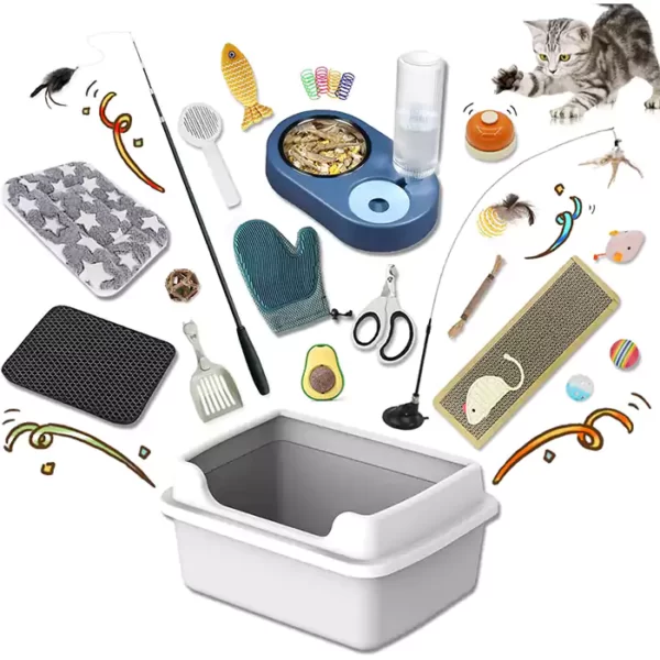 JOLL JOLL Kitten Supplies Starter Kit (25 pcs): litter box, smart bowls, litter mat, catnip toys, brush, nail clipper, cat essentials for indoor cats.