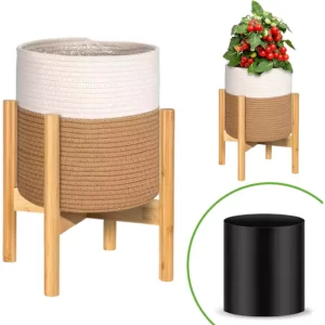 PAULINN Plant Basket with Stand | Indoor Plant Basket with Liner | Fits Up to 10 Inch Size Plant Pots | Cotton Rope Woven Pot with Bamboo Plant Stand, White and Beige