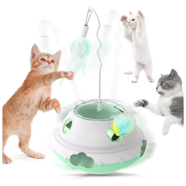 Pawaboo Interactive Cat Toy for Indoor Cats, 3 in 1 Automatic Cat Toy Wand with Bird Chirping, Colorful LED Lights, Slowly Leaking Food Holes, Retractable Feathers, Cat Teasing Stick, Electric Kitty Toys.