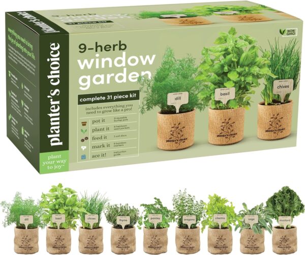 The Planters' Choice 9 Indoor Herb Garden Kit includes everything needed—seeds, pots, and soil—for fresh, flavorful herbs year-round. Perfect and unique gifts for plant lovers: for birthdays, housewarmings, or just because!