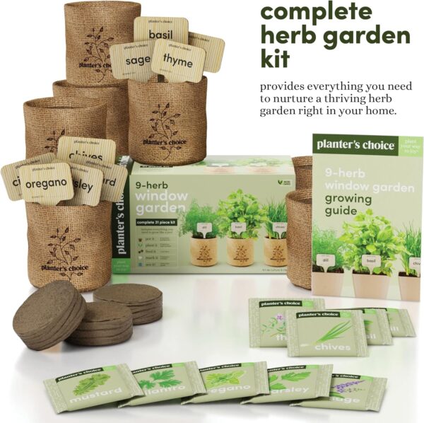 The Planters' Choice 9 Indoor Herb Garden Kit includes everything needed—seeds, pots, and soil—for fresh, flavorful herbs year-round. Perfect and unique gifts for plant lovers: for birthdays, housewarmings, or just because!