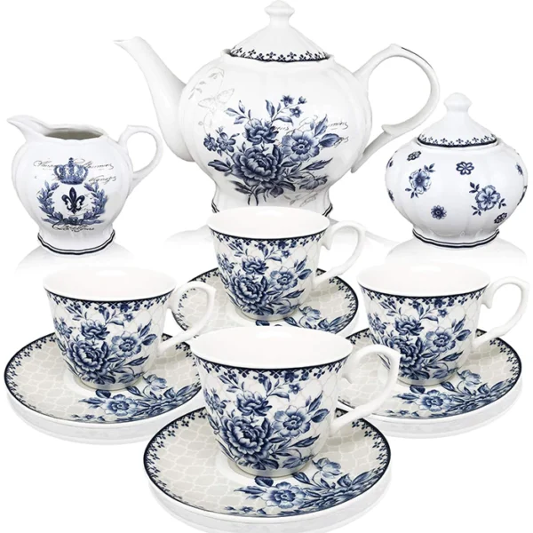 BTaT- Blue Dream Chinese Tea Set - BTaT- Blue Dream Tea Set, Tea cups (8oz), Tea Pot (48oz), Creamer and Sugar Set, Gift box, China Tea Set, Tea Service, Tea Cups and Saucer Set, Tea Set for Adults, Porcelain Tea Set. Best gifts for tea lovers. Great gift box ideas.