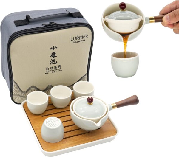 LURRIER Chinese Tea Set with Rotating Teapot: portable, rotating teapot & infuser. Portable All in One Gift Bag for Travel, Home, Gifting, Outdoor and Office.