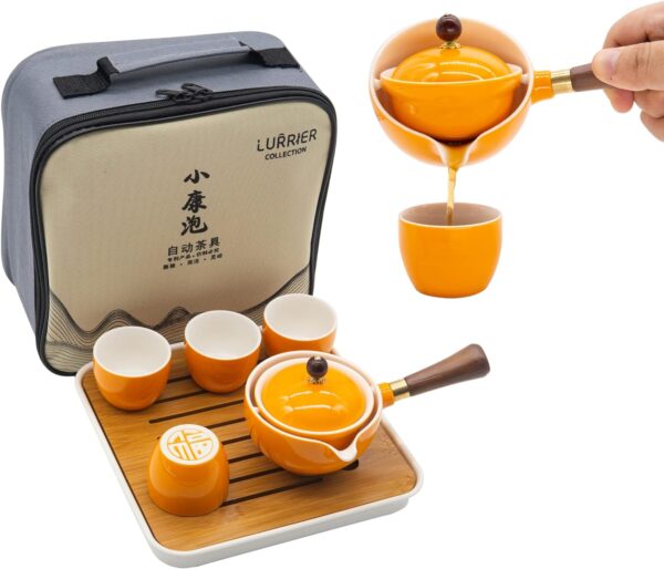 LURRIER Chinese Tea Set with Rotating Teapot: portable, rotating teapot & infuser. Portable All in One Gift Bag for Travel, Home, Gifting, Outdoor and Office.