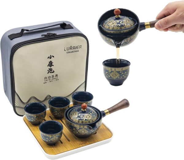 LURRIER Chinese Tea Set with Rotating Teapot: portable, rotating teapot & infuser. Portable All in One Gift Bag for Travel, Home, Gifting, Outdoor and Office. Gift box ideas, Best gifts for tea lovers.