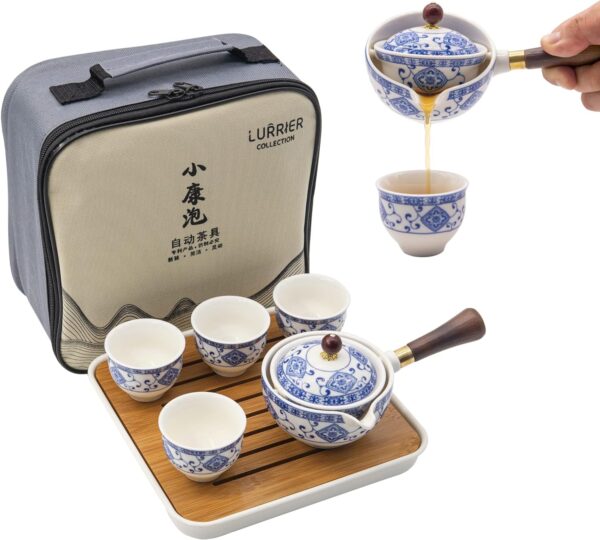 LURRIER Chinese Tea Set with Rotating Teapot: portable, rotating teapot & infuser. Portable All in One Gift Bag for Travel, Home, Gifting, Outdoor and Office.