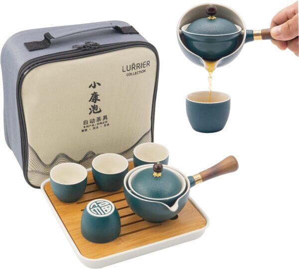 LURRIER Chinese Tea Set with Rotating Teapot: portable, rotating teapot & infuser. Portable All in One Gift Bag for Travel, Home, Gifting, Outdoor and Office.