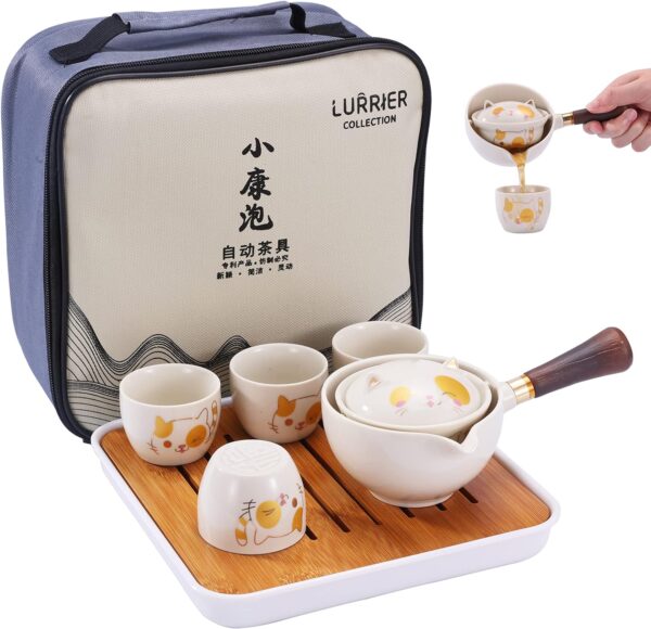 LURRIER Chinese Tea Set with Rotating Teapot: portable, rotating teapot & infuser. Portable All in One Gift Bag for Travel, Home, Gifting, Outdoor and Office.