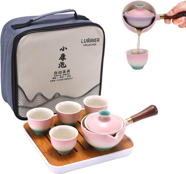 LURRIER Chinese Tea Set with Rotating Teapot: portable, rotating teapot & infuser. Portable All in One Gift Bag for Travel, Home, Gifting, Outdoor and Office.