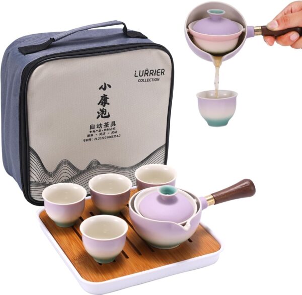 LURRIER Chinese Tea Set with Rotating Teapot: portable, rotating teapot & infuser. Portable All in One Gift Bag for Travel, Home, Gifting, Outdoor and Office.