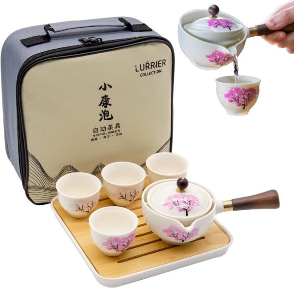 LURRIER Chinese Tea Set with Rotating Teapot: portable, rotating teapot & infuser. Portable All in One Gift Bag for Travel, Home, Gifting, Outdoor and Office.