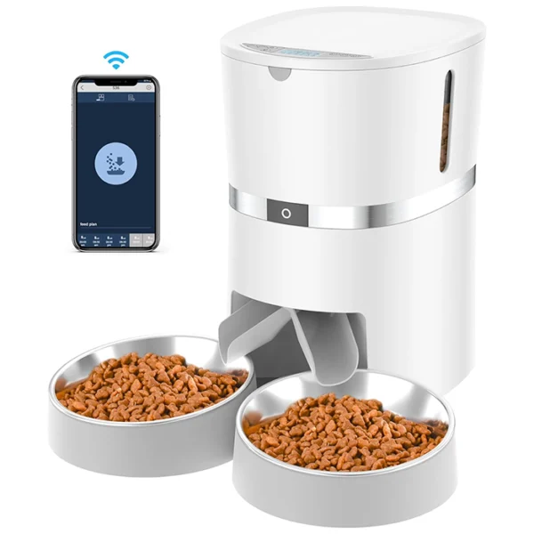 WellToBe Automatic Cat Feeder: Remote Feeding with Portion Control (WiFi, App, Dual Bowls) Feed your pets remotely & precisely! The WellToBe Automatic Cat Food Dispenser features WiFi, app control, dual food dispensing, portion control, voice recording, & alarms. Perfect for multi-pet homes & healthy eating!