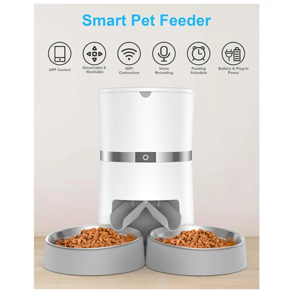 WellToBe Automatic Cat Feeder: Remote Feeding with Portion Control (WiFi, App, Dual Bowls) Feed your pets remotely & precisely! The WellToBe Automatic Cat Food Dispenser features WiFi, app control, dual food dispensing, portion control, voice recording, & alarms. Perfect for multi-pet homes & healthy eating!