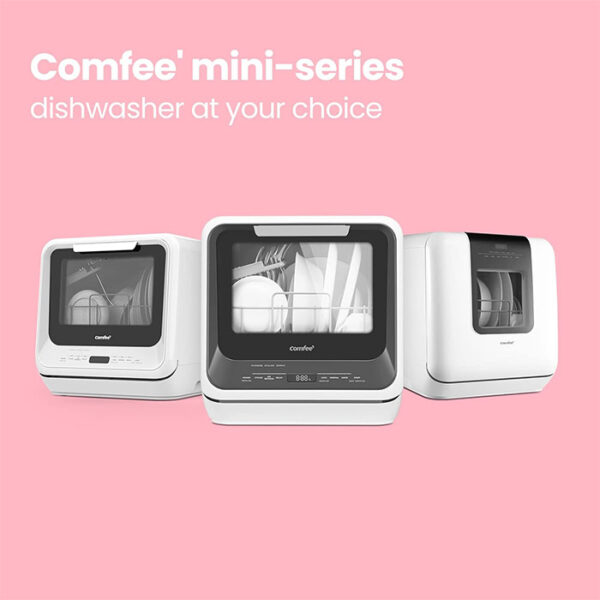 The COMFEE' Portable Mini Dishwasher Countertop offers a powerful clean in a compact size! No plumbing is needed, it boasts 6 wash cycles, a high-temp hygiene wash, and a user-friendly design. Save space, save water, and save time on dishes - order your COMFEE' mini dishwasher today! Eco-Friendly. Kitchen appliances.