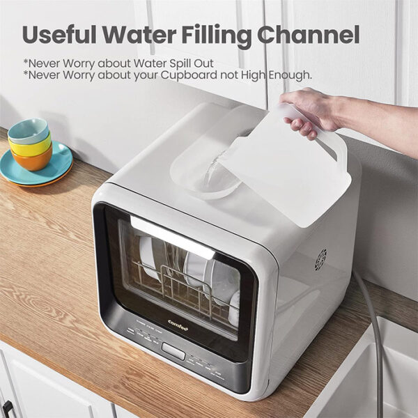 The COMFEE' Portable Mini Dishwasher Countertop offers a powerful clean in a compact size! No plumbing is needed, it boasts 6 wash cycles, a high-temp hygiene wash, and a user-friendly design. Save space, save water, and save time on dishes - order your COMFEE' mini dishwasher today! Eco-Friendly. Kitchen appliances.