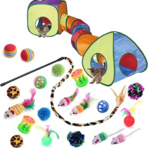 GONPETGP Cat Toy Variety Pack offers 23 engaging toys (feather wand, tunnel, balls, mice, & more) to stimulate hunting instincts, encourage exercise, & provide endless entertainment for indoor cats. Durable, safe, collapsible, & portable! Cat interactive toys. Perfect for indoor cats. Keep your feline friend happy & healthy!