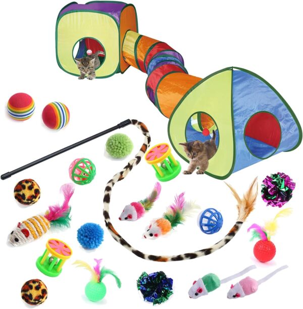 GONPETGP Cat Toy Variety Pack offers 23 engaging toys (feather wand, tunnel, balls, mice, & more) to stimulate hunting instincts, encourage exercise, & provide endless entertainment for indoor cats. Durable, safe, collapsible, & portable! Cat interactive toys. Perfect for indoor cats. Keep your feline friend happy & healthy!