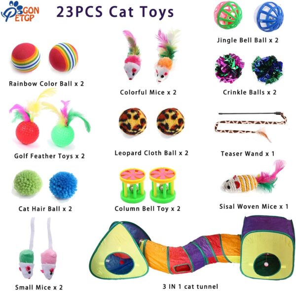 GONPETGP Cat Toy Variety Pack offers 23 engaging toys (feather wand, tunnel, balls, mice, & more) to stimulate hunting instincts, encourage exercise, & provide endless entertainment for indoor cats. Durable, safe, collapsible, & portable! Cat interactive toys. Perfect for indoor cats. Keep your feline friend happy & healthy!